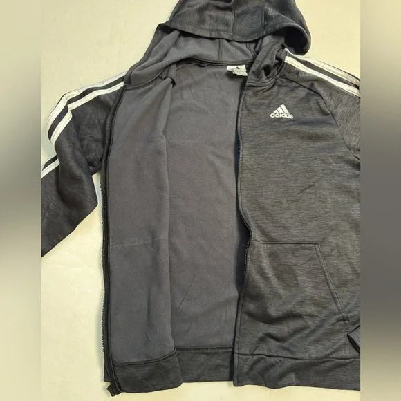 Adidas Boys Melange Charcoal Gray Fleece Full Zip Hoodie with White Stripes - Picture 7 of 8